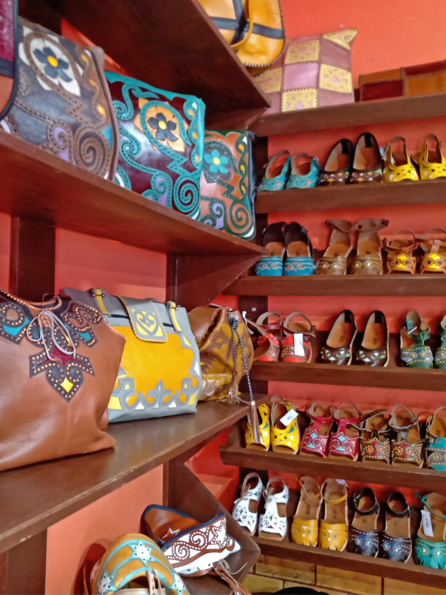 Bolsas e calçados feitos em couro colorido