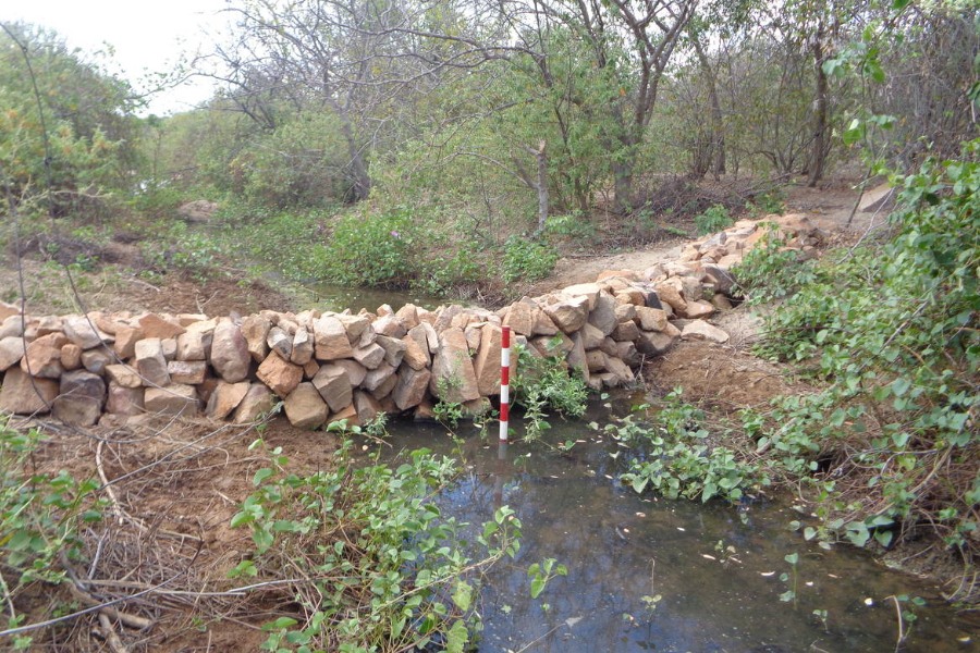 Barragem construída com pedras no leito de um riacho com pouca água e vegetação seca e verde ao redor