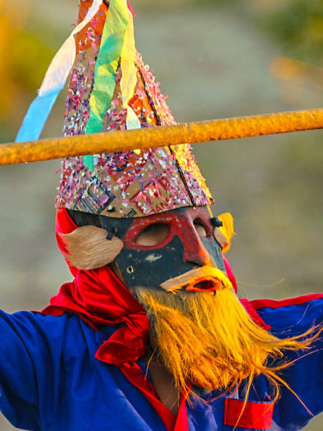 Pessoa vestida de roupa azul com detalhes vermelhos, usando máscara e chapéus típicos da prática de folia de reis de caretas. Ele segura um bastão de madeira na horizontal para cima com as duas mãos