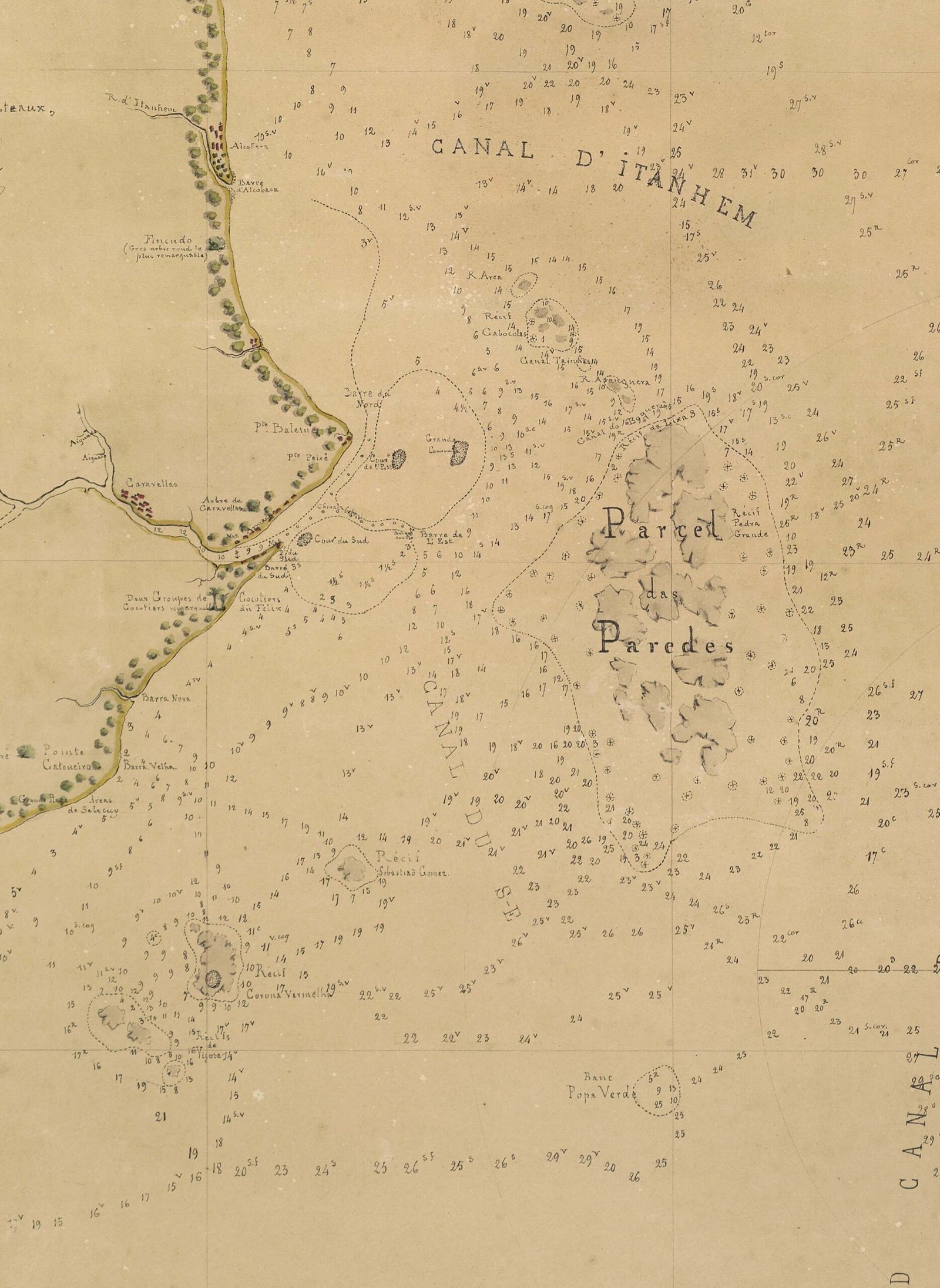 Mapa antigo em tom de sépia com o traço de parte da costa brasileira, muitas numerações e duas inscrições destacadas no mar: CANAL D'ITANHEM e Parcel das Paredes