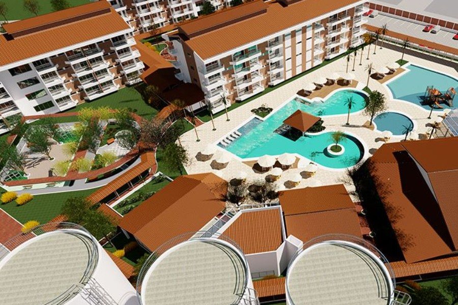 Maquete digital mostrando condomínios de apartamentos de quatro andares, piscinas e áreas de lazer e convivência