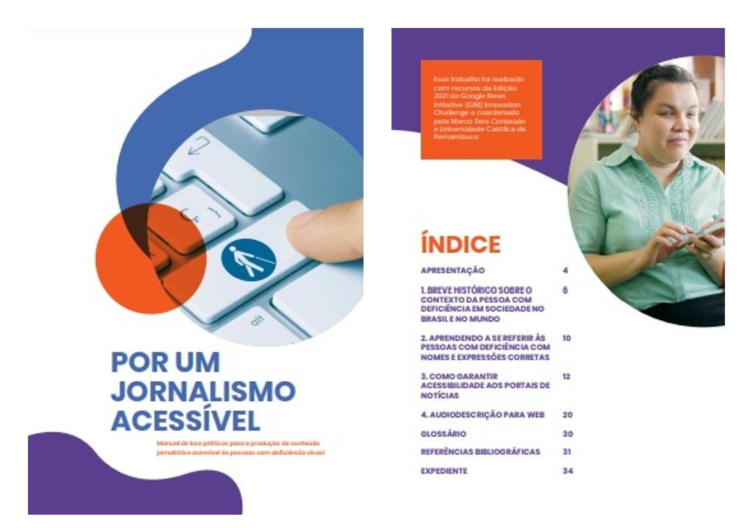 Print da capa e da página de índice do manual. No print, ao lado esquerdo, capa com o título em letras azuis “Por um jornalismo acessível”. À direita, página do Índice com uma imagem de uma mulher com os olhos fechados manuseando um celular.