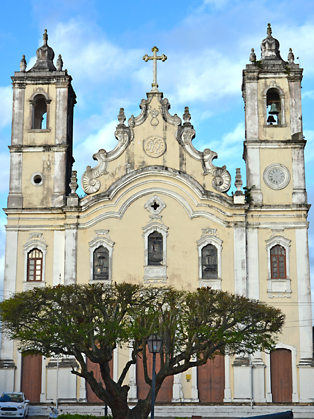 Fotografia de igreja com duas torres e uma cruz no meio. Na frente da igreja há uma árvore sob o céu azul