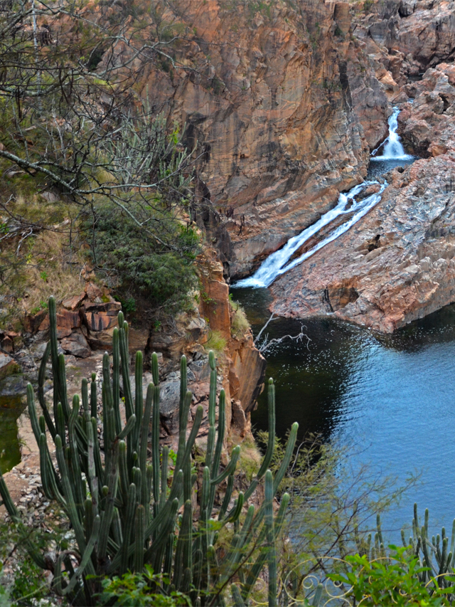 Grandes paredões de rochas alaranjados por onde escorre uma queda d'água formando uma cachoeira que cai para um espelho de água. Ao redor há cactos e vegetação de Caatinga