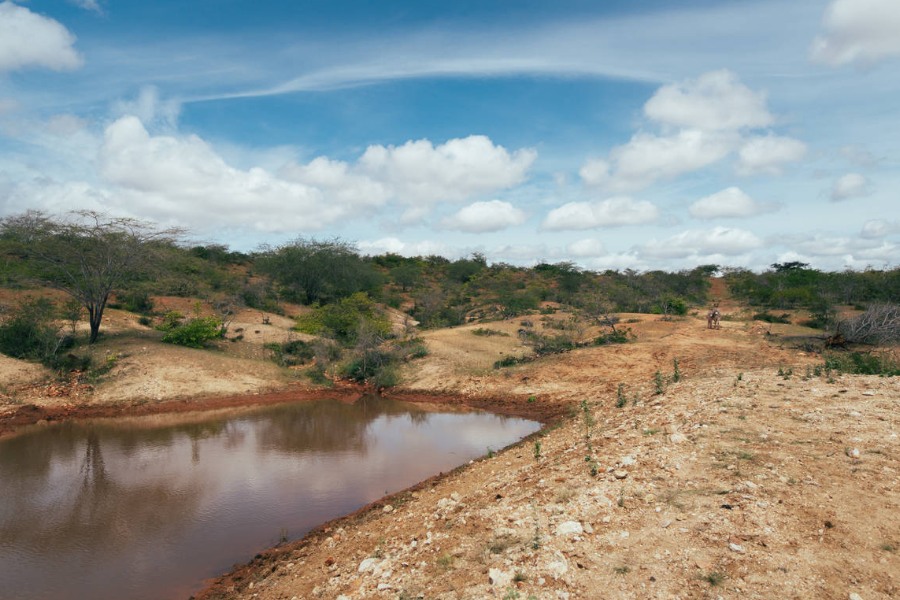 Pequeno espelho d'água no canto inferior esquerdo da imagem, onde predomina solo pedregoso avermelhado. Ao fundo, vegetação rala entre verde e esbranquiçada. No alto céu azul com nuvens brancas