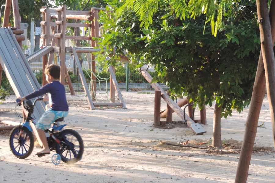 Um menino de cabelo castanho claro e pele branca circula em uma bicicleta infantil ao lado de um escorregador de madeira em um parque. Ele veste camisa azul escuro de mangas compridas e short azul claro estampado. Ao fundo, próximo à criança, há ainda uma gangorra e uma casinha com escorregador de madeira.