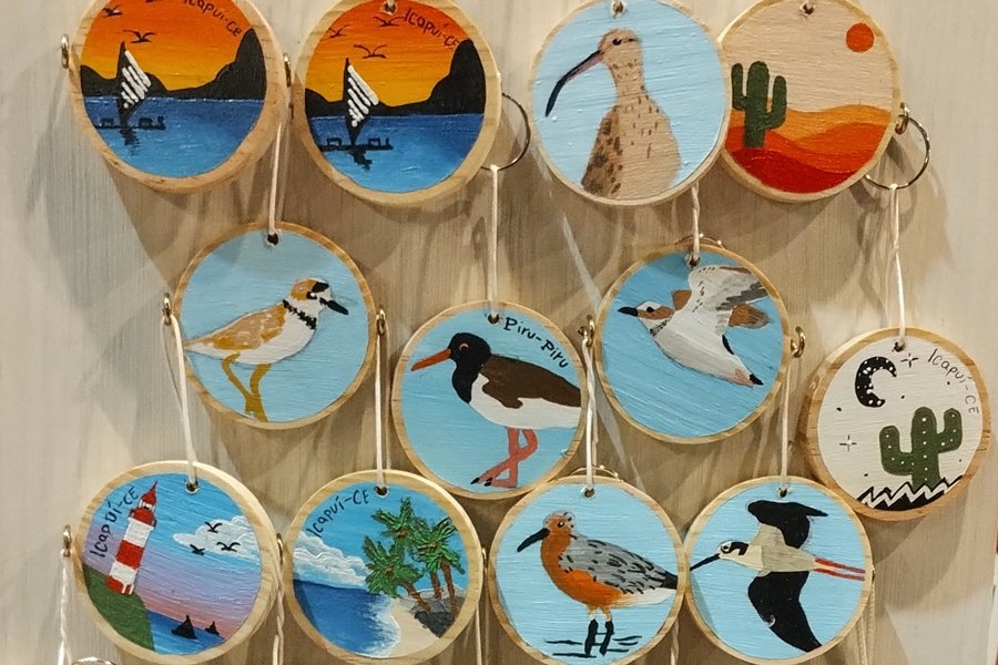 Foto de chaveiros em forma de círculos, feito em madeira, neles tão pintados imagens de paisagens de praias e de aves de diferentes espécies