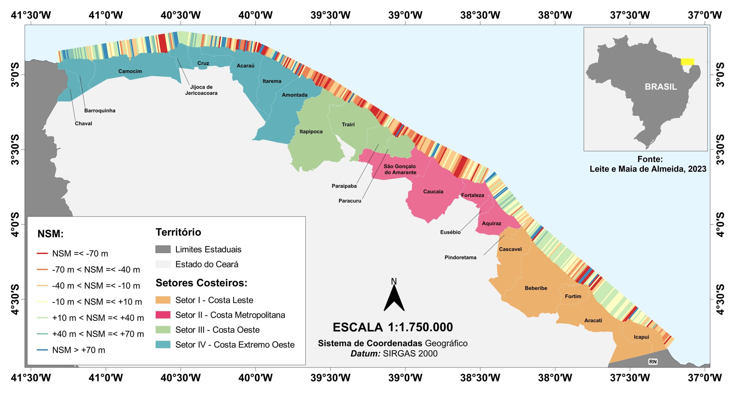 Mapa destacando em cores os municípios do litoral do Estado do Ceará