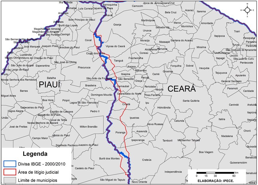 Mapa cinza mostrando parte dos estados do Piauí à esquerda e Ceará à direita. Entre os dois há duas linhas delimitando a divisa, uma azul, do IBGE, e uma vermelha, do litígio