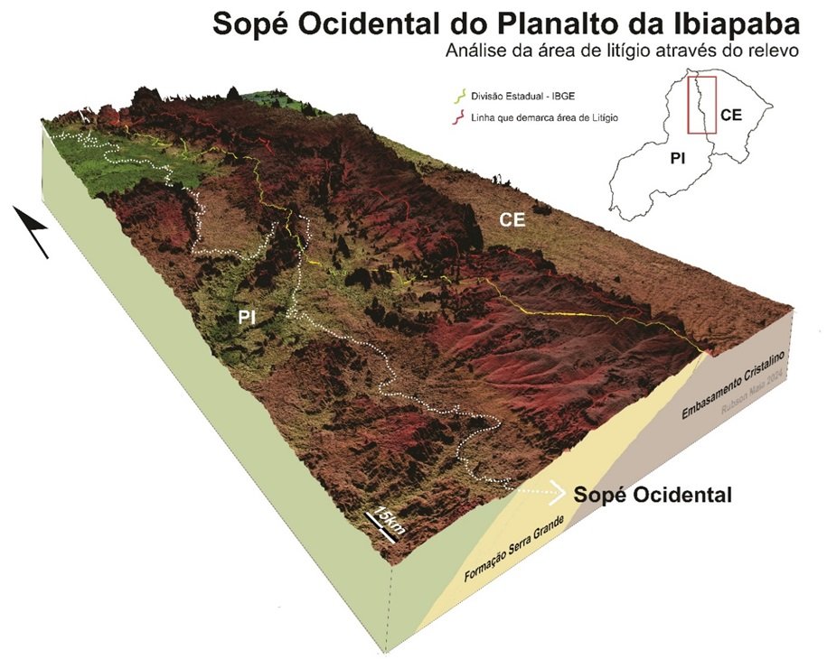 Imagem 3D diagonal do Sopé Ocidental do Planalto da Ibiapaba (linha branca) com uma análise da área de litígio pelo relevo com a divisa do IBGE em amarelo e a área de litígio em vermelho