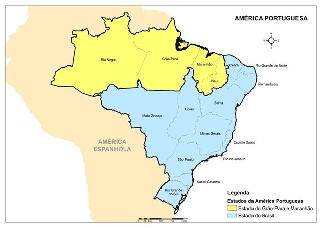 Mapa da América do Sul dividido entre América Espanhola e América Portuguesa. Na América Portuguesa há duas divisões, em amarelo, o Estado do Grão-Pará e do Maranhão, que corresponde a praticamente toda a região Norte; em azul o Estado do Brasil que corresponde a todo o resto do País