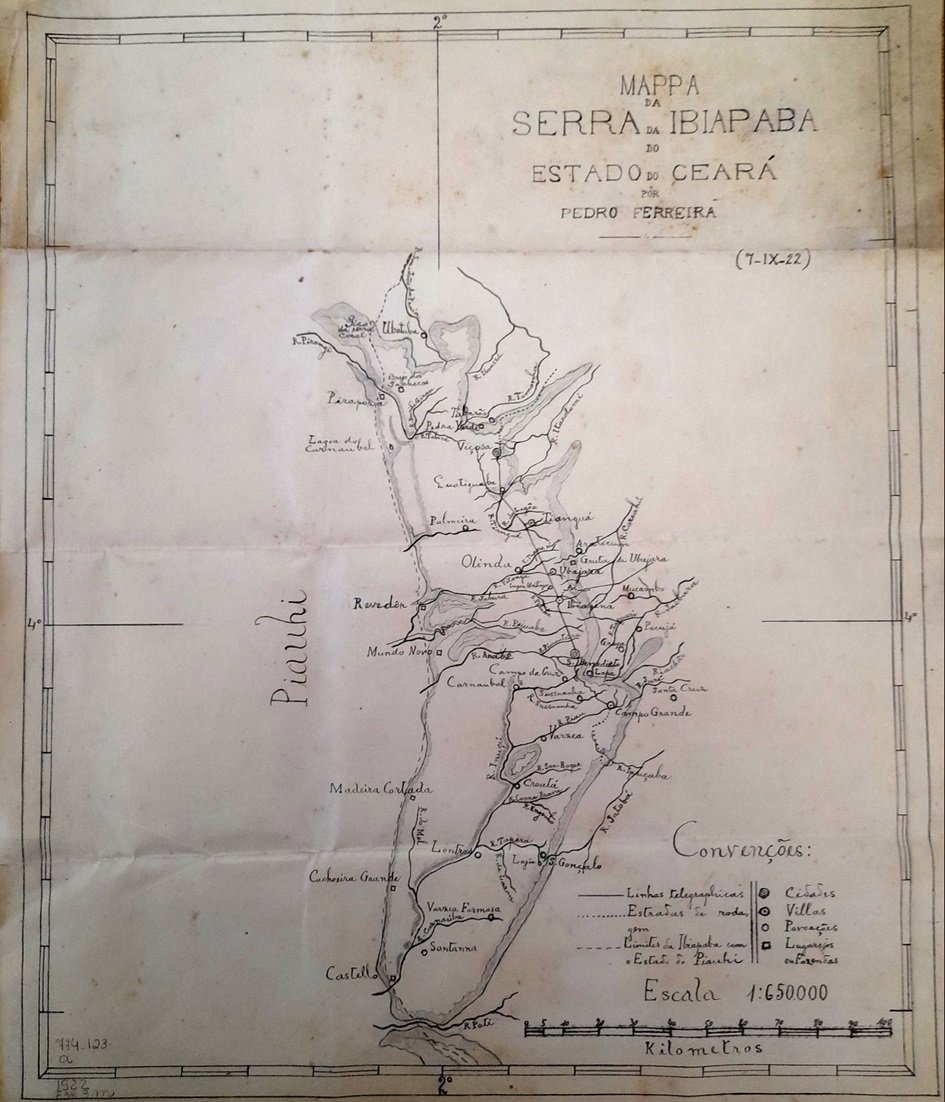 Mapa antigo, onde lê-se no título MAPPA DA SERRA DA IBIAPABA DO ESTADO DO CEARÁ e à esquerda do mapa aparece Piauhi