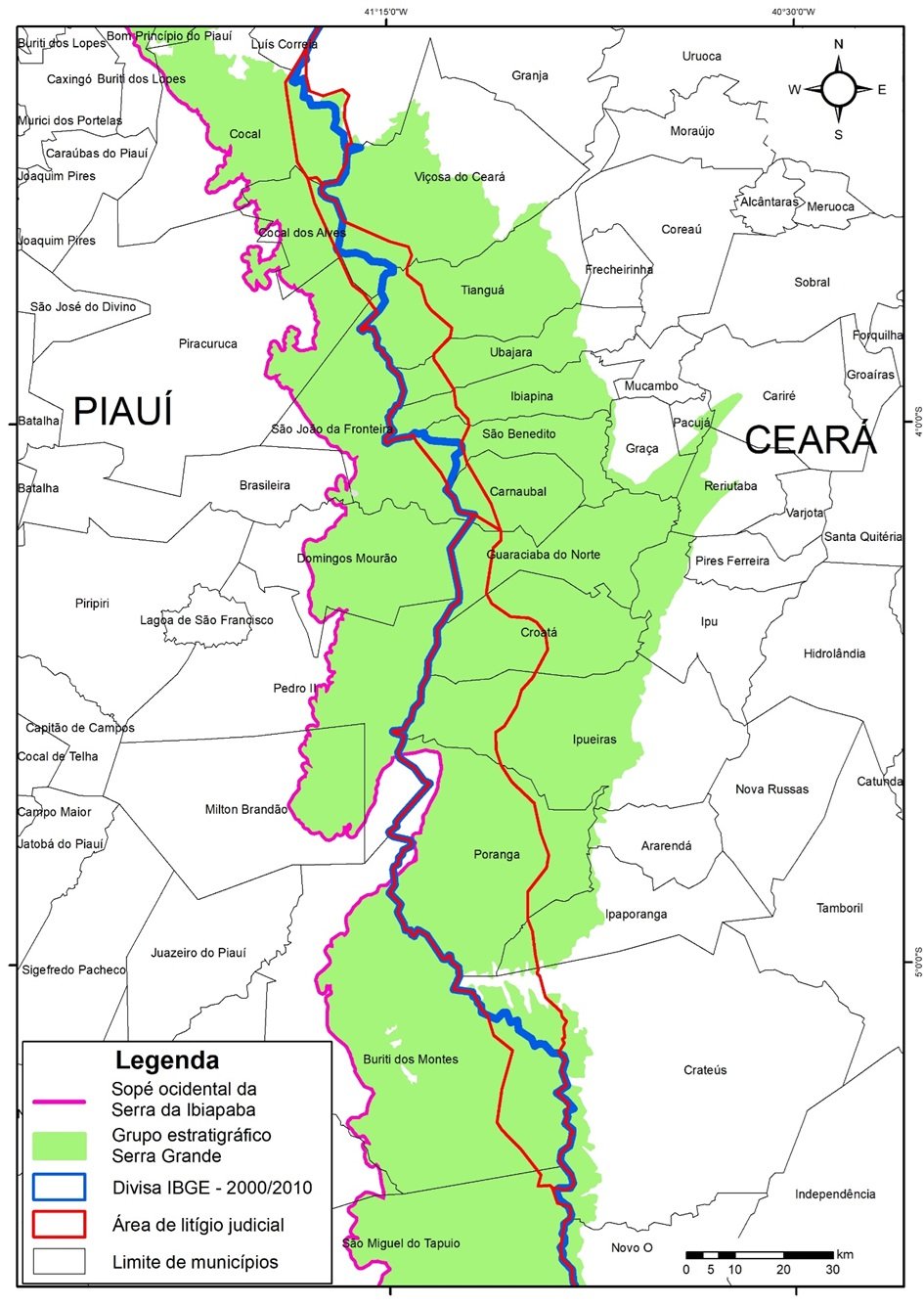 Mapa da divisa entre os estados do Piauí e Ceará com demarcação da Serra da Ibiapaba em verde, em azul a divisa do IBGE e em vermelho a área de litígio