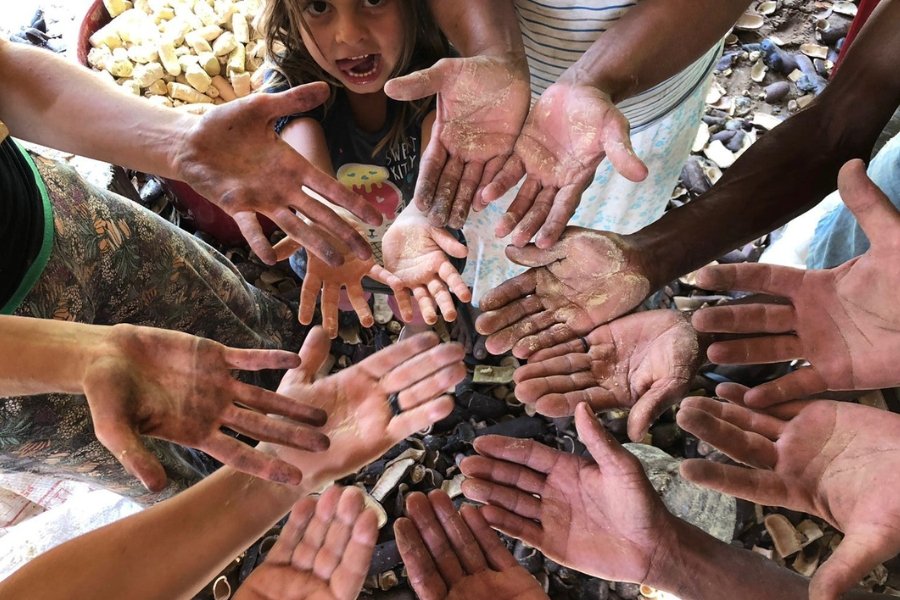 Foto colorida de várias mãos de pessoas negras, pardas e brancas espalmadas e reunidas em círculo todas sujas de farinha de jatobá tendo no chão vagens desta planta do Cerrado