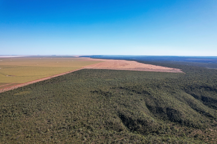 Foto aérea colorida de área aberta com morro coberto de vegetação tendo o topo desmatado e acima o céu azul sem nuvens