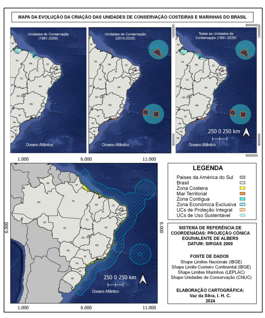 A imagem é um mapa intitulado "MAPA DA EVOLUÇÃO DA CRIAÇÃO DAS UNIDADES DE CONSERVAÇÃO COSTEIRAS E MARINHAS DO BRASIL". Ela mostra a progressão das unidades de conservação no Brasil ao longo de três períodos: 1981-2009, 2010-2020, e 1981-2023. O mapa inclui uma legenda que explica as diferentes zonas e tipos de unidades de conservação, como Zona Costeira, Mar Territorial, Zona Contígua, Zona Econômica Exclusiva, Unidades de Conservação de Proteção Integral e Unidades de Conservação de Uso Sustentável.