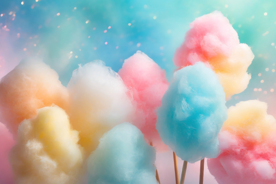 A imagem apresenta diversos algodões-doces em tons pastéis de azul, rosa, amarelo e laranja. Eles estão montados em palitos de madeira e exibem uma textura macia e volumosa, típica do doce. O fundo é colorido e etéreo, com uma combinação de tons azulados e rosados, além de pequenos pontos brilhantes.
