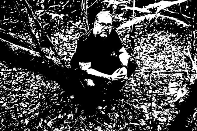 Desenho em estilo cartoon de alto contraste em preto e branco. Ela retrata um homem de óculos sentado em um tronco caído em ambiente natural, possivelmente uma floresta, com folhas espalhadas no chão e galhos ao redor.