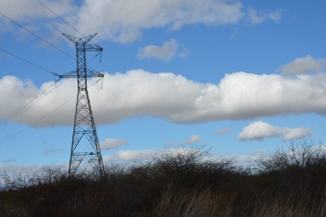 A imagem mostra uma torre de transmissão de energia elétrica metálica em um cenário ao ar livre. A torre, alta e com estrutura triangular, sustenta cabos de alta tensão que se estendem para fora do quadro. No plano de fundo, o céu azul está pontuado por nuvens brancas volumosas. A vegetação em primeiro plano é composta por arbustos típicos de áreas semiáridas, com tons terrosos e aspecto seco.