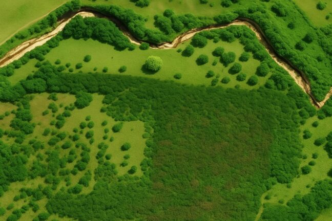 Imagem de vista aérea de uma área florestal exuberante cortada por um rio sinuoso