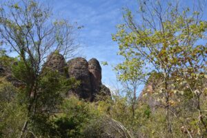 A imagem mostra uma paisagem natural com formações rochosas escuras e distintas, emolduradas por árvores com folhagem verde e amarela, sob um céu azul claro com nuvens brancas