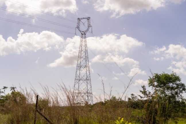 A imagem mostra uma torre metálica de transmissão de energia elétrica em meio a uma paisagem rural. A estrutura alta e estreita sustenta diversos cabos que se estendem pelas laterais, conectando-se a outras torres fora do campo de visão. A torre está em um terreno coberto por capim alto e seco, com algumas árvores e vegetação verde ao redor. O céu está claro, com nuvens brancas espalhadas, e o sol ilumina suavemente a cena