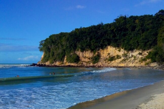 A imagem mostra uma praia de águas calmas e cristalinas, com pequenas ondas se formando próximas à areia clara. À esquerda, algumas pessoas estão dentro do mar, aproveitando o banho. À direita, a faixa de areia é larga e se curva suavemente até encontrar um paredão natural coberto por uma vegetação densa e verde. Esse paredão, formado por falésias amareladas, contrasta com o azul do céu limpo, que domina a parte superior da imagem