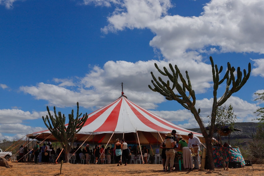 Esta é uma foto externa, em plano aberto, sob um céu azul vibrante com nuvens brancas, que mostra uma grande lona de circo listrada em vermelho e branco montada em um terreno seco e arenoso, possivelmente no sertão do Nordeste brasileiro. A lona, que domina o centro da cena, está rodeada por pessoas que parecem estar participando de um evento ou reunião, algumas em cadeiras sob a lona e outras em pé na entrada, vestidas com roupas claras e chapéus. Em primeiro plano, destacam-se duas grandes plantas de cacto mandacaru (ou semelhante) com múltiplos braços verdes, típicas da caatinga, emoldurando a cena. A vegetação de fundo é esparsa, com arbustos e colinas visíveis sob o horizonte. A iluminação é de dia claro e ensolarado
