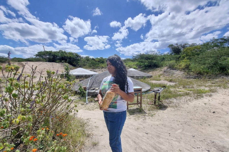 Esta é uma foto externa em plano médio que captura uma mulher jovem com longos cabelos escuros e cacheados em um ambiente rural ou semiárido. Ela está em pé sobre o chão de areia clara, vestindo uma camiseta branca estampada e calças jeans azuis, e segura um pote de vidro transparente cheio de grãos ou sementes de cor clara na altura do peito, olhando para ele ou para o lado. Em primeiro plano, no canto esquerdo, há um arbusto com folhagem e pequenas flores roxas e laranjas. O fundo é composto por uma paisagem de vegetação esparsa e pequenos arbustos verdes, com algumas estruturas simples, circulares e de telhado baixo visíveis, possivelmente tendas ou abrigos, no meio do terreno arenoso. Acima, o céu é azul e aberto, pontilhado por nuvens brancas e fofas