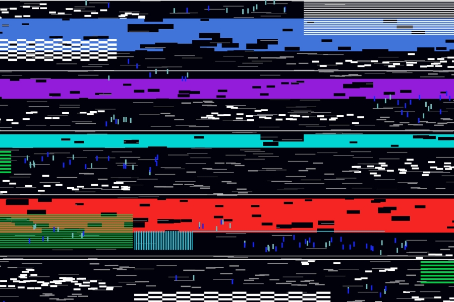 A imagem mostra um padrão digital distorcido, semelhante a uma tela de televisão com falhas ou interferências. Faixas horizontais coloridas em tons de azul, roxo, ciano, vermelho e verde se misturam com áreas pretas e brancas, formando linhas quebradas, blocos irregulares e ruídos visuais. O resultado é um visual caótico e abstrato, típico de uma falha eletrônica ou arte digital glitch.