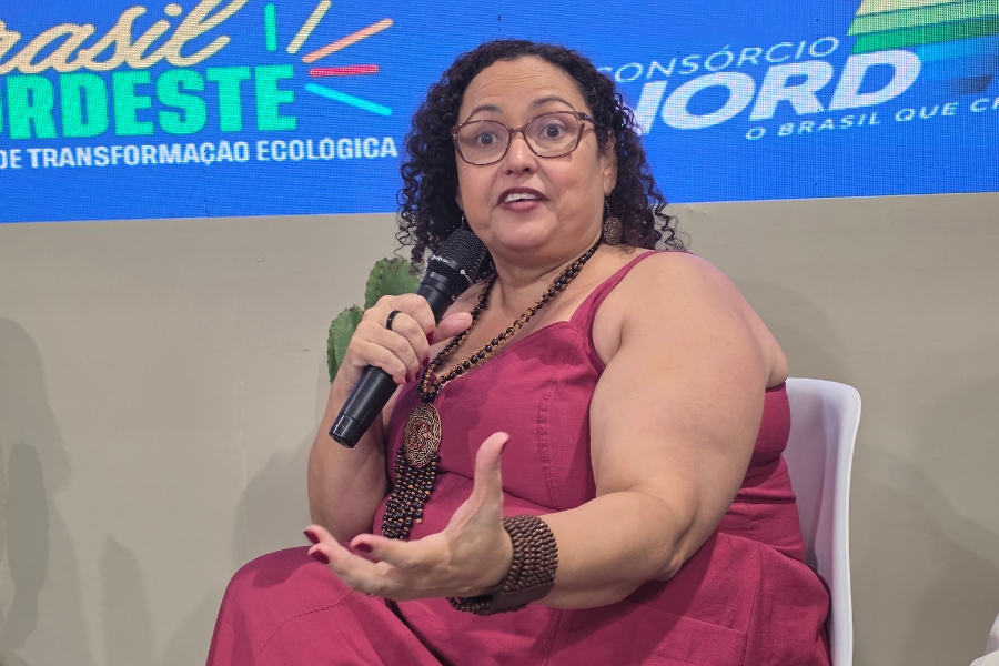 Uma mulher de cabelos cacheados e curtos aparece sentada em uma cadeira branca, falando ao microfone com expressão envolvida e gestos amplos das mãos. Ela usa óculos de armação clara, um vestido vinho de alças finas e um colar comprido com um grande pingente. Ao fundo, há um painel azul com textos coloridos relacionados ao Nordeste e transformação ecológica