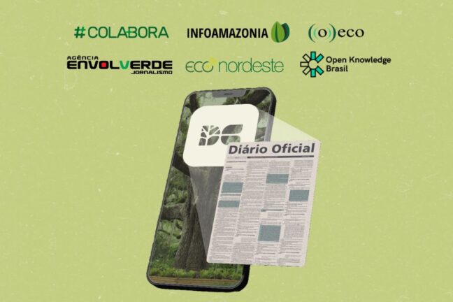 A imagem apresenta um conceito visual de tecnologia e jornalismo focado em sustentabilidade e dados abertos, em um fundo neutro e claro. Centralmente, um smartphone aparece levemente inclinado com uma imagem de folhagem verde na tela. Sobreposto à parte superior do smartphone, há um ícone estilizado de folha ou semente, e à direita, a menção em destaque: "Diário Oficial". Abaixo desta menção, uma representação de uma página de jornal ou diário oficial está sobreposta, mostrando colunas de texto com algumas seções realçadas em ciano/azul-claro. Na parte superior da composição, diversos logotipos e nomes de organizações parceiras estão dispostos horizontalmente: #COLABORA, INFOAMAZÔNIA, ((o))eco, AGÊNCIA ENVOLVERDE JORNALISMO, eco nordeste, e o logo da Open Knowledge Brasil
