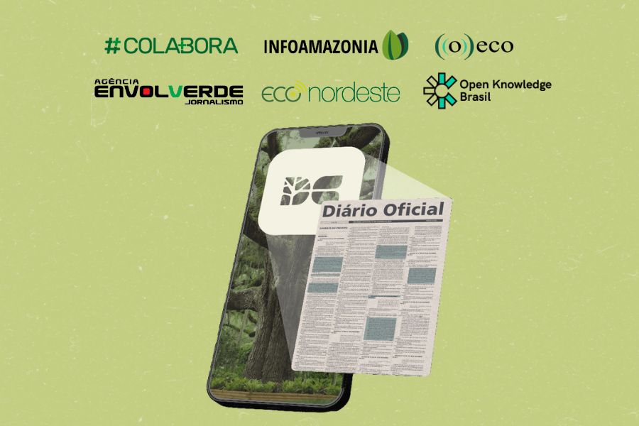 A imagem apresenta um conceito visual de tecnologia e jornalismo focado em sustentabilidade e dados abertos, em um fundo neutro e claro. Centralmente, um smartphone aparece levemente inclinado com uma imagem de folhagem verde na tela. Sobreposto à parte superior do smartphone, há um ícone estilizado de folha ou semente, e à direita, a menção em destaque: "Diário Oficial". Abaixo desta menção, uma representação de uma página de jornal ou diário oficial está sobreposta, mostrando colunas de texto com algumas seções realçadas em ciano/azul-claro. Na parte superior da composição, diversos logotipos e nomes de organizações parceiras estão dispostos horizontalmente: #COLABORA, INFOAMAZÔNIA, ((o))eco, AGÊNCIA ENVOLVERDE JORNALISMO, eco nordeste, e o logo da Open Knowledge Brasil