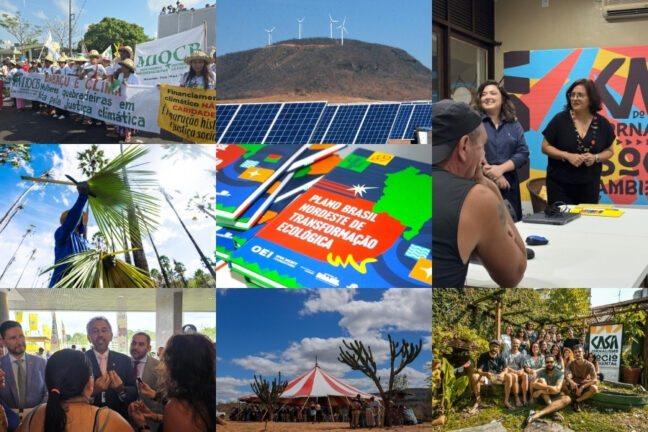 Esta é uma colagem composta por nove fotografias dispostas em uma grade de três por três, que retrata temas de ativismo ambiental, energia renovável e cultura no Nordeste brasileiro. As imagens mostram, em sequência: um protesto de mulheres do Movimento Interestadual das Quebradeiras de Coco de Babaçu (MIQCB) com faixas sobre justiça climática; uma paisagem com painéis solares em primeiro plano e turbinas eólicas sobre um morro ao fundo; duas mulheres conversando em um evento institucional; um trabalhador rural manuseando palhas de palmeira contra o céu azul; pilhas de livros intitulados "Plano Brasil Nordeste de Transformação Ecológica"; um homem de terno falando com jornalistas; uma grande tenda de circo montada em uma área árida com cactos; e uma foto em grupo de aproximadamente quinze pessoas sorrindo em um ambiente externo arborizado