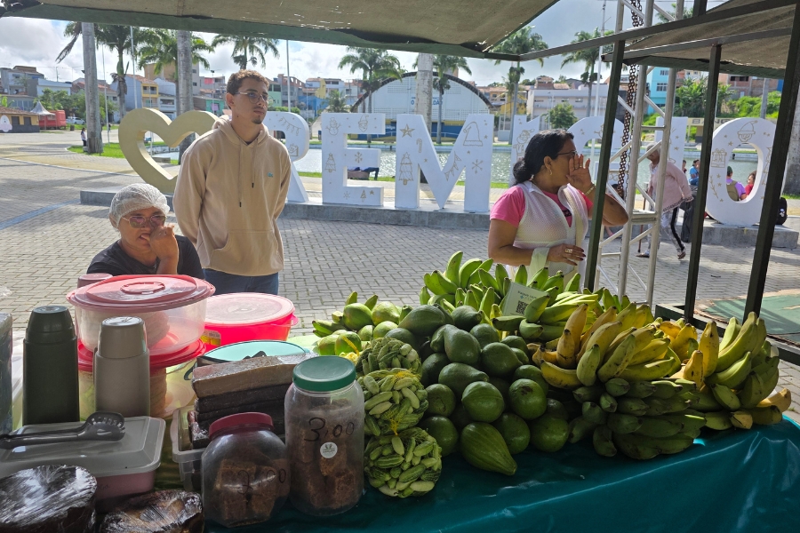 Uma barraca de feira agroecológica exibe uma diversidade de produtos frescos e artesanais sob uma cobertura de lona. Em destaque, sobre uma mesa forrada com plástico verde, estão empilhadas pencas de bananas verdes e maduras, abacates grandes, maxixes e potes de vidro contendo doces ou grãos, além de garrafas térmicas e recipientes de plástico. Atrás da banca, três pessoas aguardam: à esquerda, uma mulher de touca branca e óculos; ao centro, um jovem de moletom bege; e à direita, uma mulher de camiseta rosa e colete branco. Ao fundo, em uma praça pavimentada com paralelepípedos e palmeiras, vê-se um letreiro turístico branco com a inscrição parcial "REMÍGIO" e um coração, próximo a um pequeno lago, sob um céu claro e ensolarado