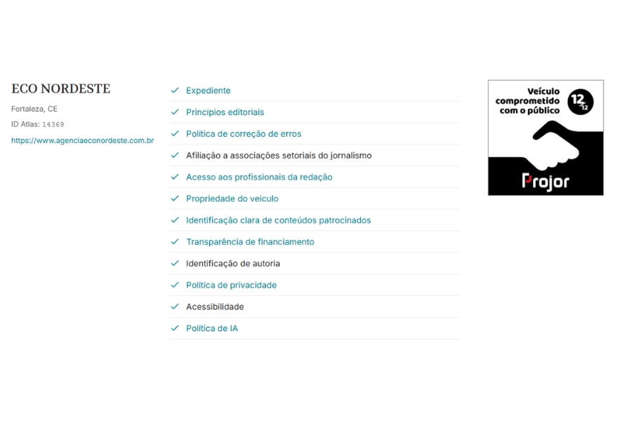A imagem apresenta um fundo branco com informações sobre a transparência jornalística da agência Eco Nordeste, de Fortaleza (CE). No lado esquerdo, constam o nome, a localização e o site do veículo; ao centro, uma lista vertical com 12 itens de conformidade marcados com "checks" em azul, abrangendo desde princípios editoriais e transparência de financiamento até acessibilidade e política de IA. No canto superior direito, destaca-se um selo preto e branco do Projor com a ilustração de um aperto de mãos e o selo 12/12, acompanhado da frase "Veículo comprometido com o público", simbolizando que a organização cumpre todos os indicadores de credibilidade exigidos pelo instituto.