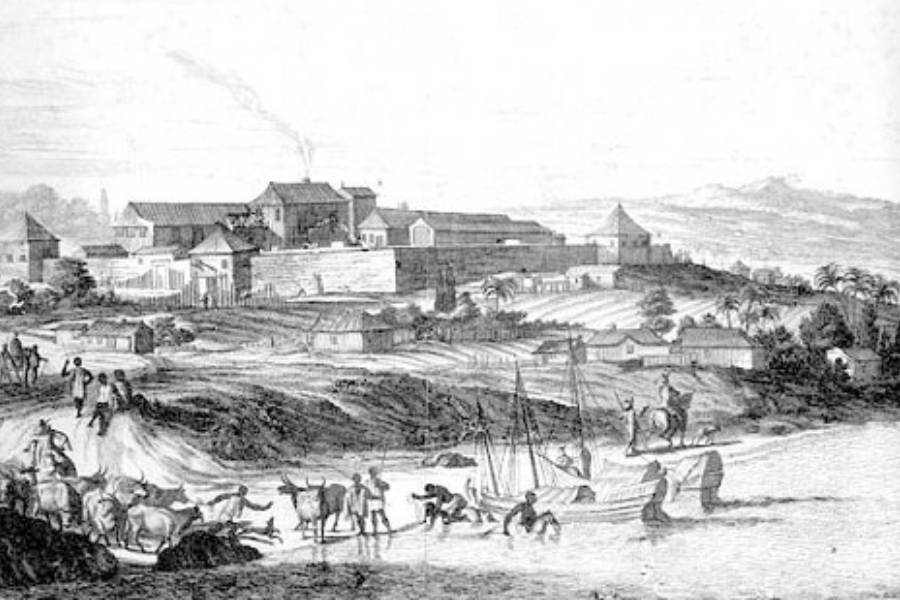 Gravura histórica em preto e branco em uma perspectiva panorâmica, mistura elementos militares, rurais e cotidianos. No centro da composição, o forte ergue-se sobre uma elevação, cercado por muralhas e paliçadas, com construções de telhados inclinados e uma chaminé da qual emana fumaça. O primeiro plano é dominado por uma cena movimentada às margens de um corpo d'água, onde se vê um pequeno barco a vela, pessoas em diversas atividades — incluindo figuras que parecem ser escravizadas ou trabalhadores locais — e um rebanho de gado sendo conduzido. A paisagem ao fundo é composta por colinas suaves, vegetação rasteira e algumas palmeiras, capturando a atmosfera da colonização e a organização espacial típica das fortificações do século XVII