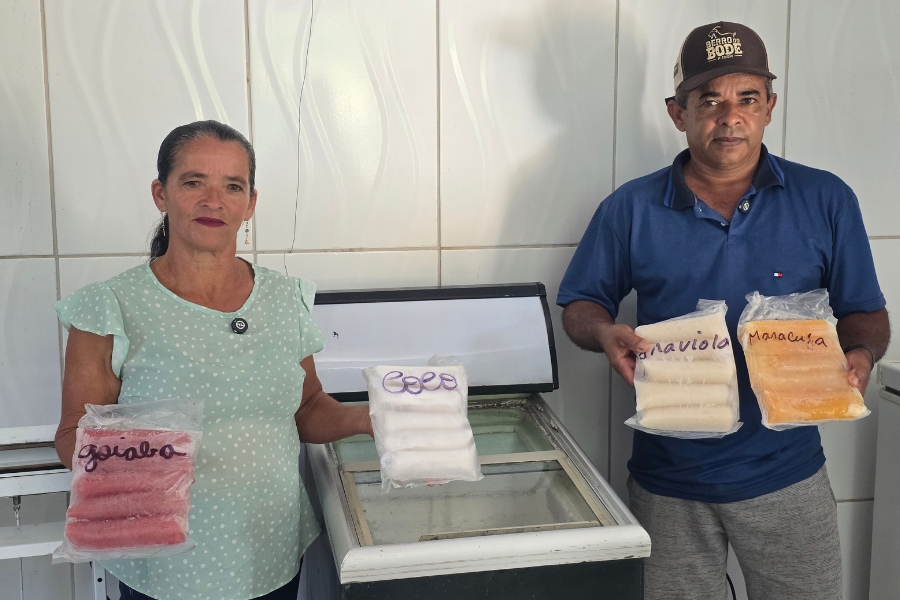 Uma mulher e um homem, de pele parda, estão de pé lado a lado em um ambiente interno com paredes de azulejos brancos, posicionados à frente de um freezer horizontal de tampa de vidro. Ambos olham para a câmera e seguram, com as duas mãos, pacotes transparentes contendo polpas de frutas. A mulher, à esquerda, veste uma blusa verde-clara com estampa de bolinhas brancas e segura um pacote de cor rosa intensa escrito "goiaba" e outro branco escrito "coco". O homem, à direita, usa uma camisa polo azul, calça cinza e um boné marrom; ele segura um pacote de cor creme escrito "graviola" e um alaranjado escrito "maracujá". As identificações dos sabores foram feitas à mão com caneta hidrográfica roxa diretamente sobre o plástico dos pacotes