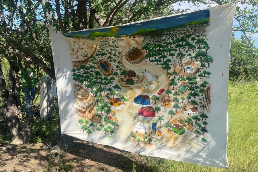 Um mapa ilustrado pintado em tecido branco estendido entre árvores, mostrando uma comunidade rural com casas coloridas, árvores, caminhos e tanques.