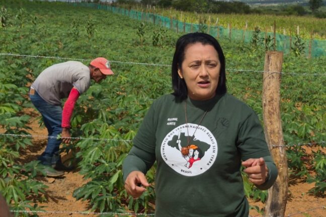 Mulher com camiseta do MST fala em primeiro plano enquanto um homem trabalha em uma plantação de macaxeira.