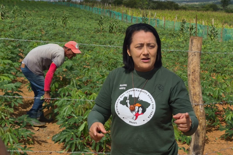 Mulher com camiseta do MST fala em primeiro plano enquanto um homem trabalha em uma plantação de macaxeira.