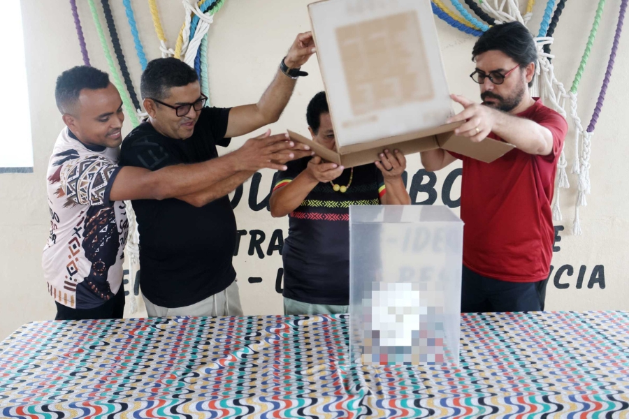 Quatro pessoas ao redor de uma mesa estampada retiram um objeto de uma caixa de papelão para colocar em uma caixa transparente.