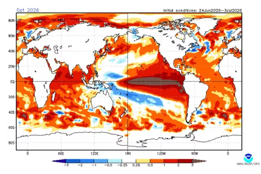 Mapa-múndi de anomalia da temperatura da superfície do mar para outubro de 2026. Tons de laranja e vermelho escuro cobrem a maior parte dos oceanos, com destaque para uma faixa marrom intensa no Pacífico Equatorial. Áreas em azul indicam anomalias frias abaixo da linha do Equador.