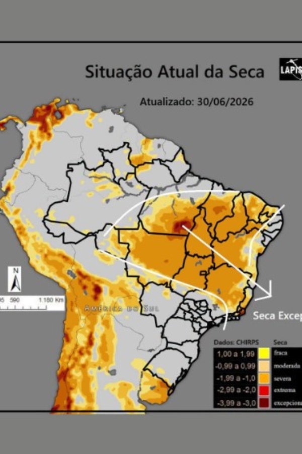 Mapa da América do Sul mostrando a situação da seca em 30/06/2026, com destaque em tons amarelados e avermelhados para áreas afetadas no Brasil.