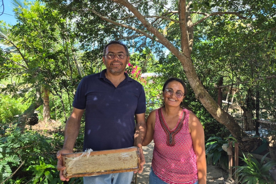Um casal sorridente, Seu Zé e Dona Cilene, está em pé sob a sombra de árvores em um ambiente de quintal. O homem, à esquerda, usa óculos e camisa polo azul e segura um quadro de colmeia cheio de favos de mel coberto por plástico. A mulher, à direita, usa óculos e uma regata estampada rosa.