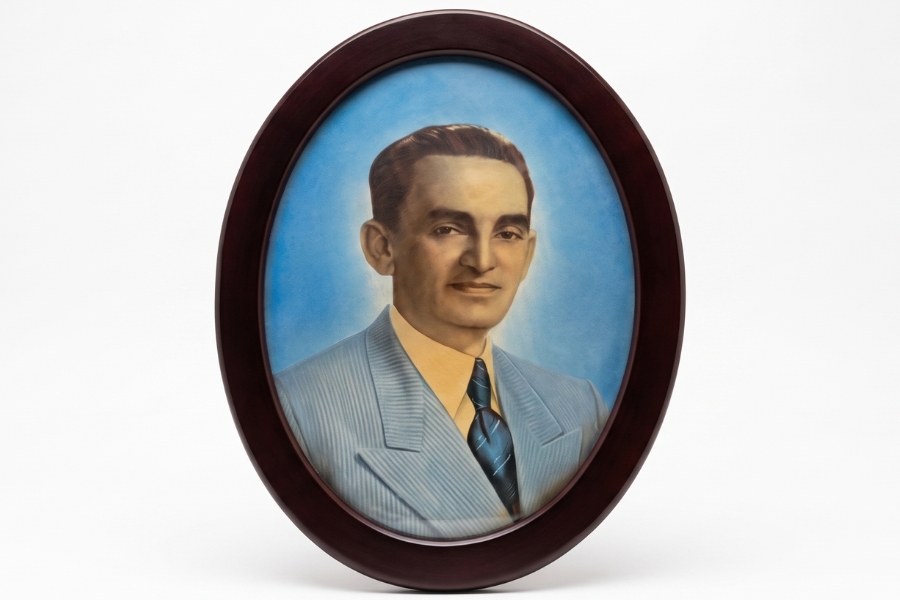 Retrato pintado em moldura oval de um homem usando terno azul-claro, camisa amarela e gravata azul, sobre fundo azul.