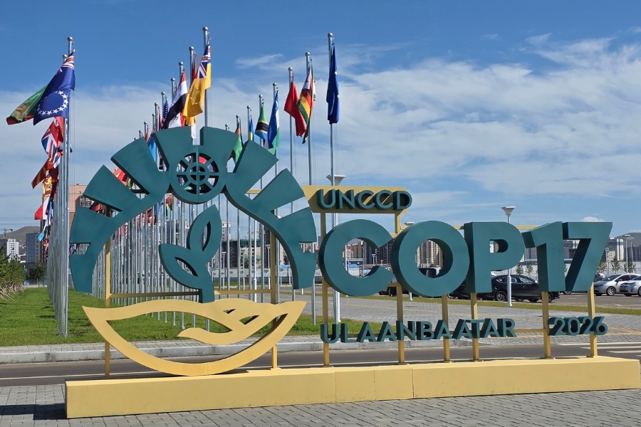 Fotografia ao ar livre, sob céu azul com poucas nuvens, destacando uma grande estrutura promocional do evento UNCCD COP17. Em primeiro plano, sobre uma base amarela retangular, há uma escultura tridimensional em tons de verde e amarelo: à esquerda, sobressai um símbolo em formato de mão amarela sustentando um broto de planta verde, envolto por um ornamento em arco; à direita, sobressaem as letras tridimensionais do evento em azul-esverdeado escuro, com os textos "UNCCD" no topo e "ULAANBAATAR 2026" na parte inferior. Ao fundo, alinhadas em fileiras verticais atrás da estrutura, diversas bandeiras de países estão hasteadas em mastros prateados sobre uma área pavimentada próxima a um gramado, com edifícios e veículos visíveis ao longe