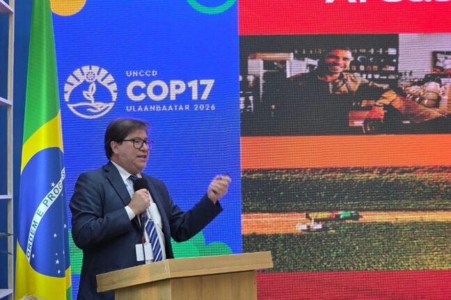 Homem de terno, gravata e óculos discursa ao púlpito com microfone na mão. Ao lado, a bandeira do Brasil e, ao fundo, um telão com a marca COP17.
