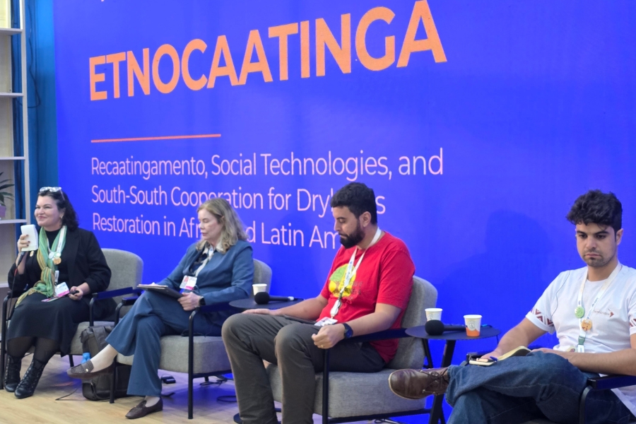 Quatro palestrantes sentados em poltronas no palco diante de um painel azul com o texto "ETNOCAATINGA: Recaatingamento, Social Technologies...".
