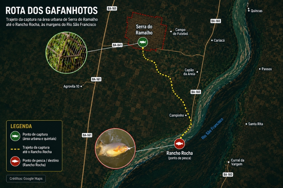 Um mapa ilustrado por visão de satélite, intitulado "ROTA DOS GAFANHOTOS", mostra o trajeto entre o local de captura dos insetos na área urbana de Serra do Ramalho e o ponto de pesca no Rancho Rocha, às margens do Rio São Francisco. No topo esquerdo, o título e a legenda explicam o trajeto: um ícone verde marca o ponto de captura no centro urbano delimitado em vermelho; uma linha amarela tracejada segue em direção ao sul passando por pontos como Campinho até alcançar um ícone vermelho no "Rancho Rocha", o ponto de pesca final à beira do rio, que corre na vertical ao lado direito do mapa. Dois recortes circulares destacam os elementos principais: o topo liga um círculo verde mostrando a armadilha de gaiola cheia de gafanhotos, enquanto a parte inferior conecta um círculo vermelho mostrando um peixe pescado na água sob o gancho de um anzol